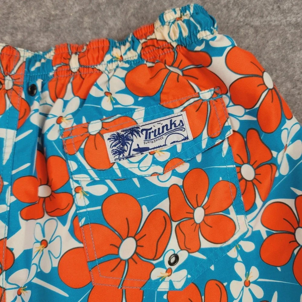 Trunks Surf & Swim Co Men Blue Orange Floral Swim Trunks Size Medium Mesh Lining